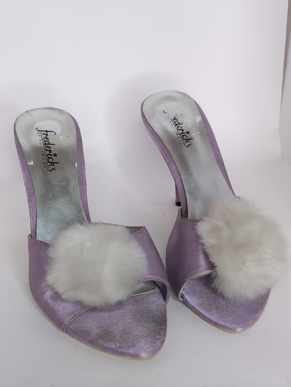 Frederick's of Hollywood Lilac Satin Slide Heels with White Pom-Poms
